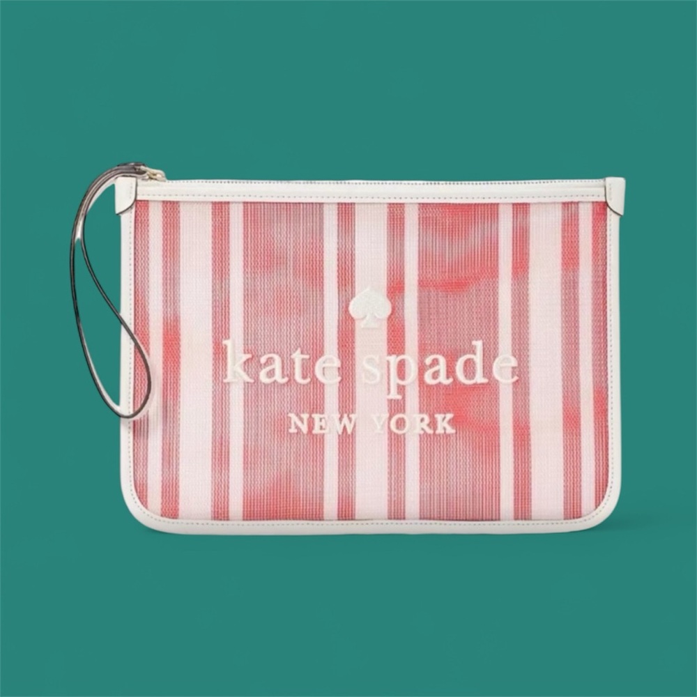 ♠️ Kate Spade Pink and White Striped Mesh Clutch - Picture 1 of 9